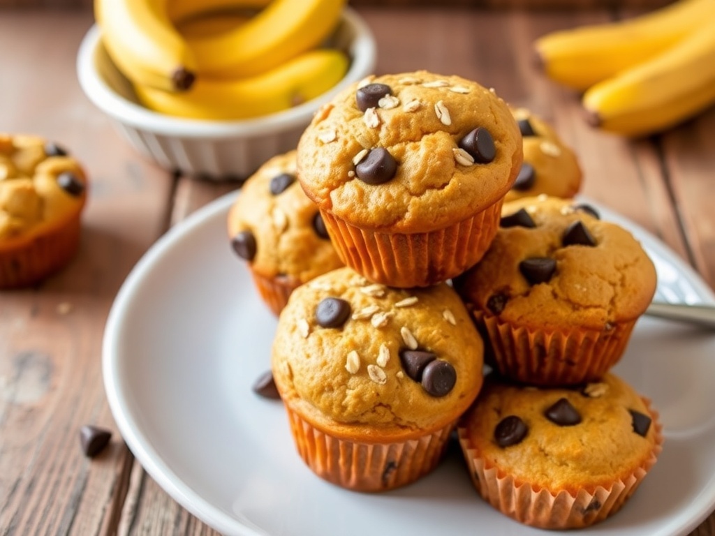 Freshly baked banana muffins with chocolate chips on a rustic plate.